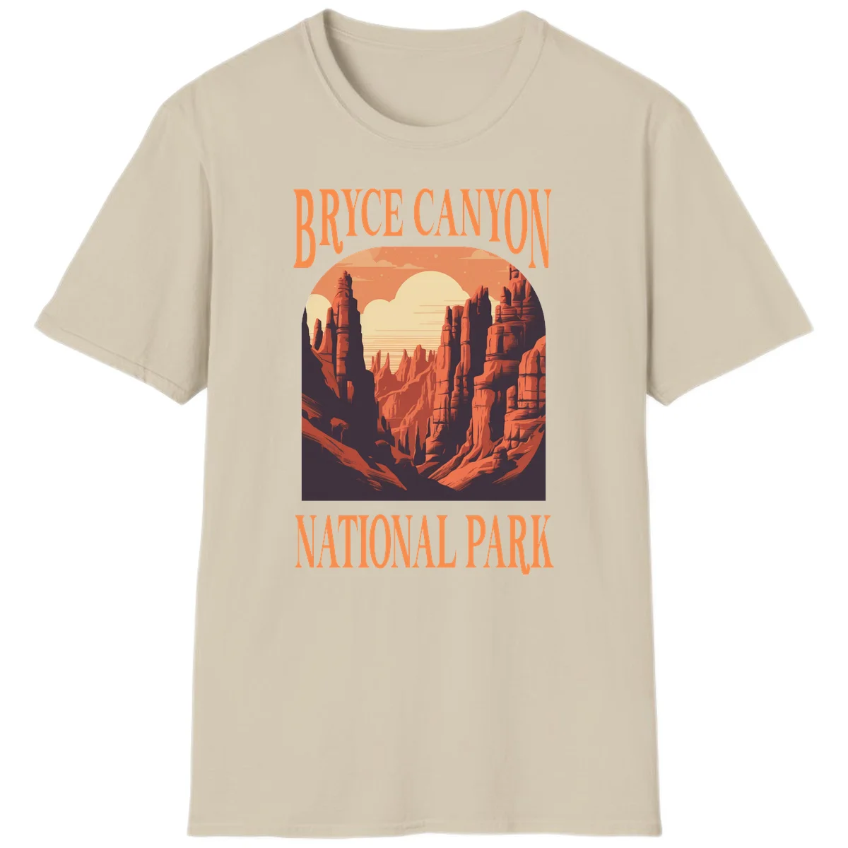 Vintage travel poster illustration of Bryce Canyon hoodoos with sunset sky and rock formations in Sand