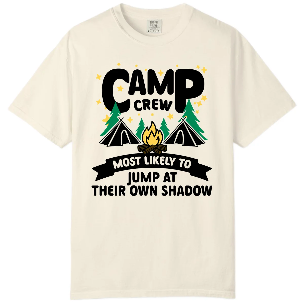 Camp crew graphic with tents, campfire, trees and stars showing text 'most likely to jump at their own shadow' in Ivory