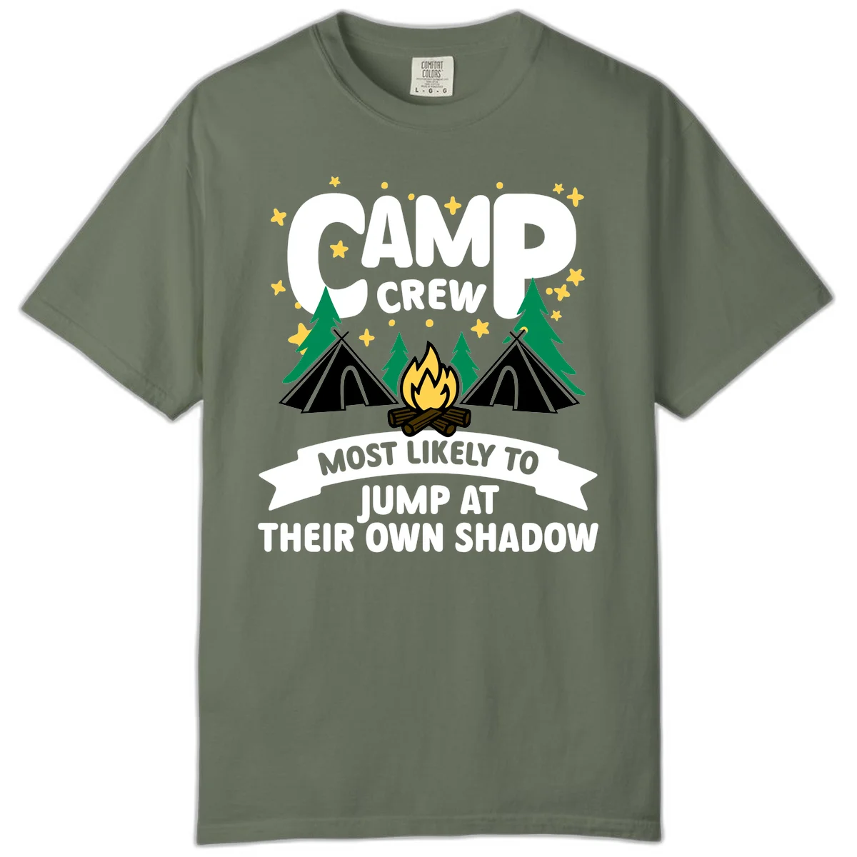 Camp crew graphic with tents, campfire, trees and stars showing text 'most likely to jump at their own shadow' in Moss