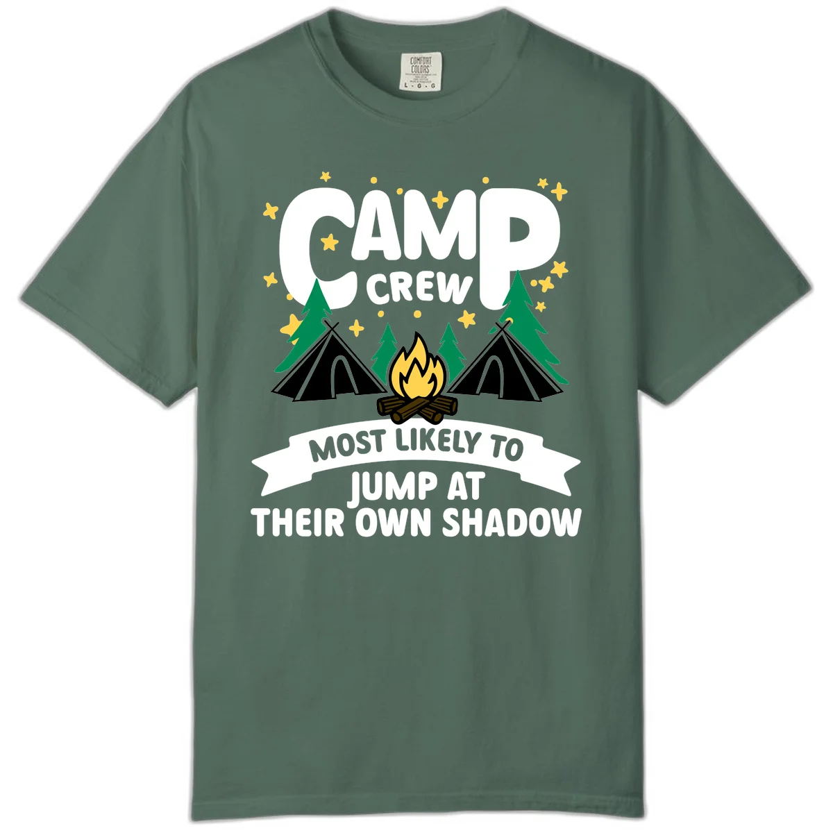 Camp crew graphic with tents, campfire, trees and stars showing text 'most likely to jump at their own shadow' in Blue Spruce