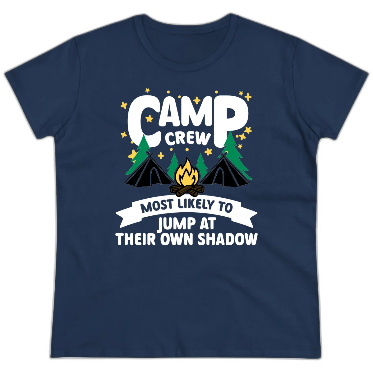 Camp crew graphic with tents, campfire, trees and stars showing text 'most likely to jump at their own shadow' in Navy