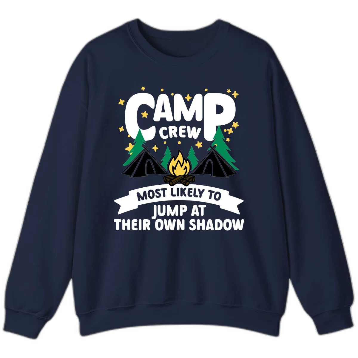 Camp crew graphic with tents, campfire, trees and stars showing text 'most likely to jump at their own shadow' in Navy