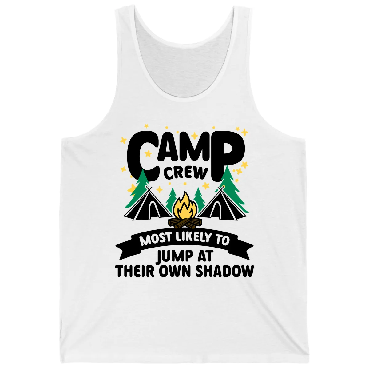 Camp crew graphic with tents, campfire, trees and stars showing text 'most likely to jump at their own shadow' in White