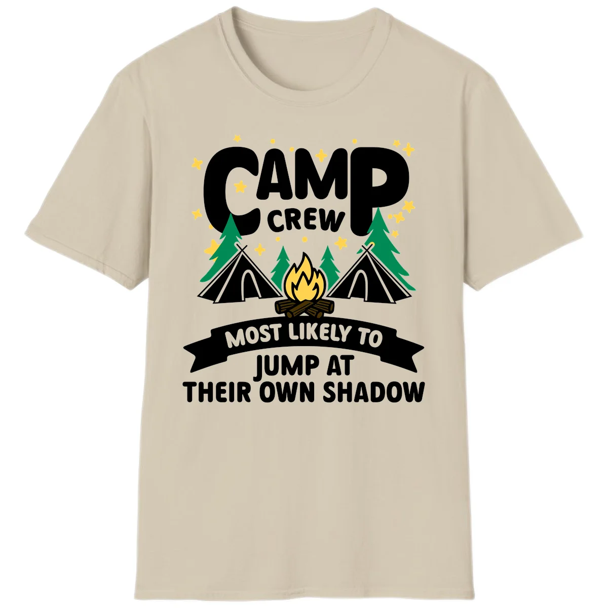 Camp crew graphic with tents, campfire, trees and stars showing text 'most likely to jump at their own shadow' in Sand