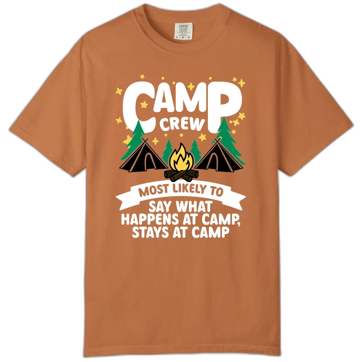 Camp crew camping design with tents, campfire, trees, and stars. Text reads 'Camp Crew: Most likely to say what happens at camp, stays at camp.' in Yam