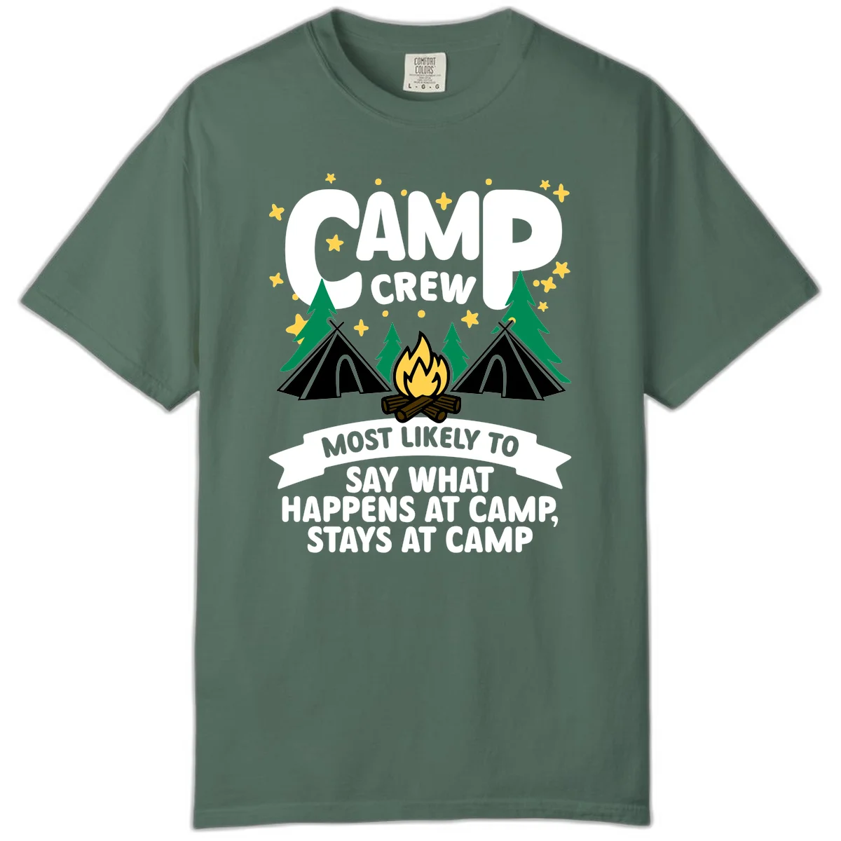 Camp crew camping design with tents, campfire, trees, and stars. Text reads 'Camp Crew: Most likely to say what happens at camp, stays at camp.' in Blue Spruce