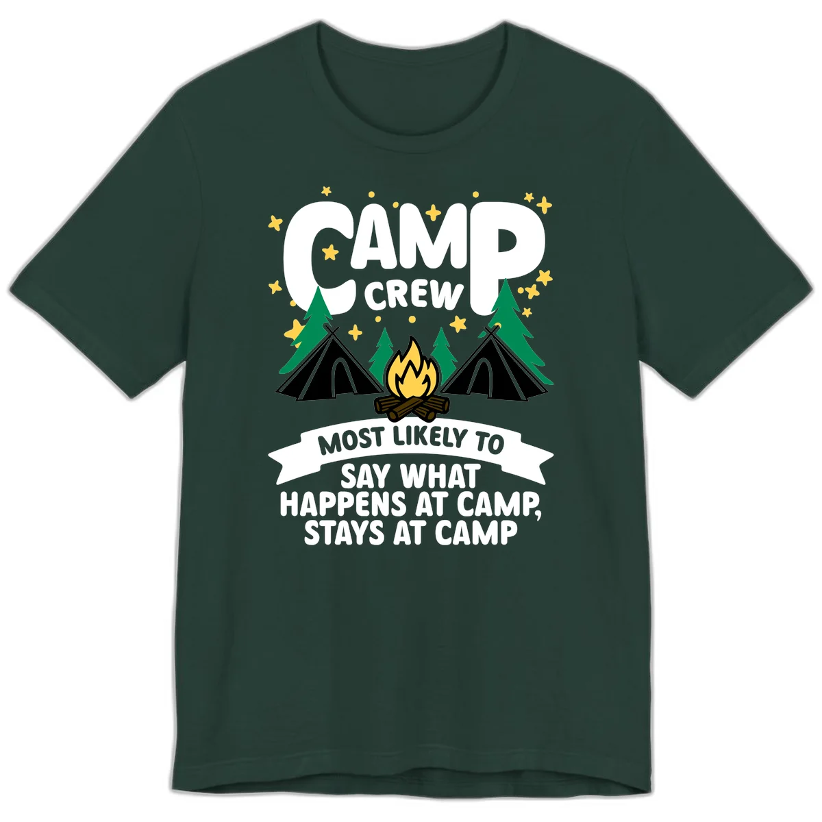 Camp crew camping design with tents, campfire, trees, and stars. Text reads 'Camp Crew: Most likely to say what happens at camp, stays at camp.' in Forest