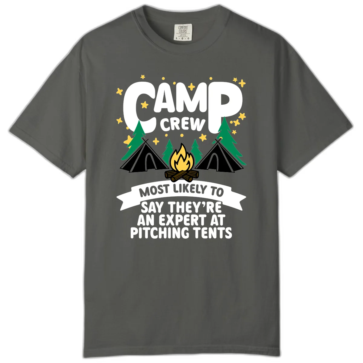 Illustration of camp crew tent pitching design with campfire, tents, trees, and stars on gray background in Pepper