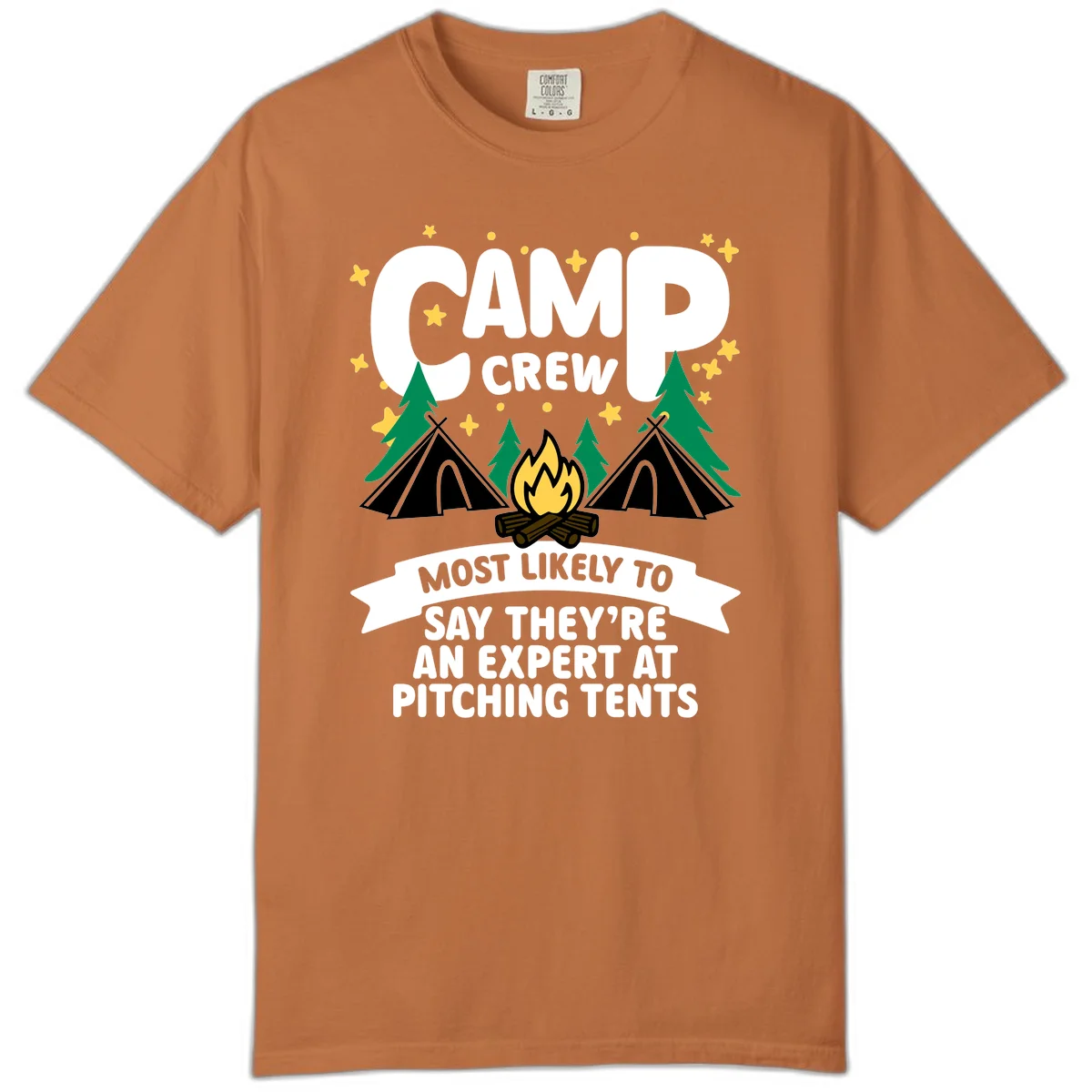 Illustration of camp crew tent pitching design with campfire, tents, trees, and stars on gray background in Yam