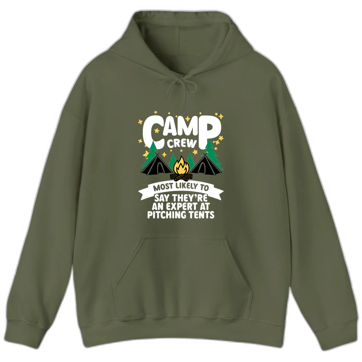 Illustration of camp crew tent pitching design with campfire, tents, trees, and stars on gray background in Military Green