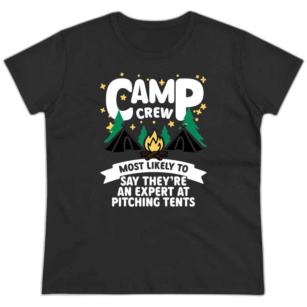 Illustration of camp crew tent pitching design with campfire, tents, trees, and stars on gray background in Black