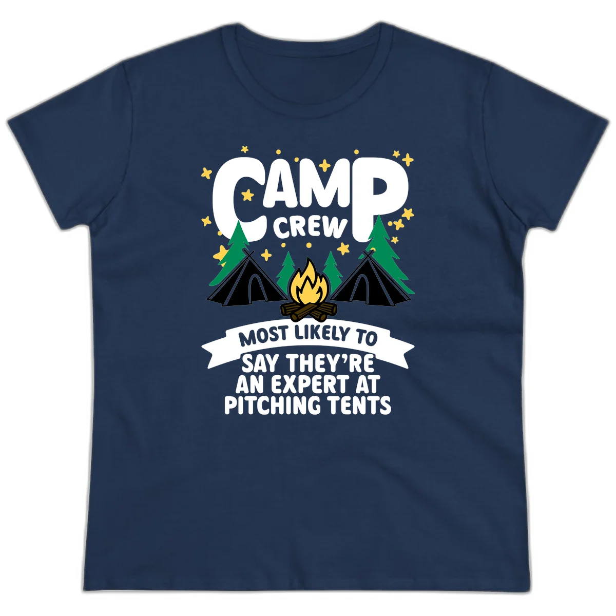 Illustration of camp crew tent pitching design with campfire, tents, trees, and stars on gray background in Navy