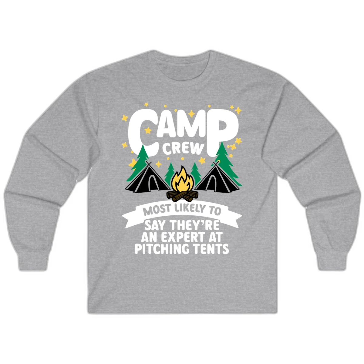 Illustration of camp crew tent pitching design with campfire, tents, trees, and stars on gray background in Sport Grey