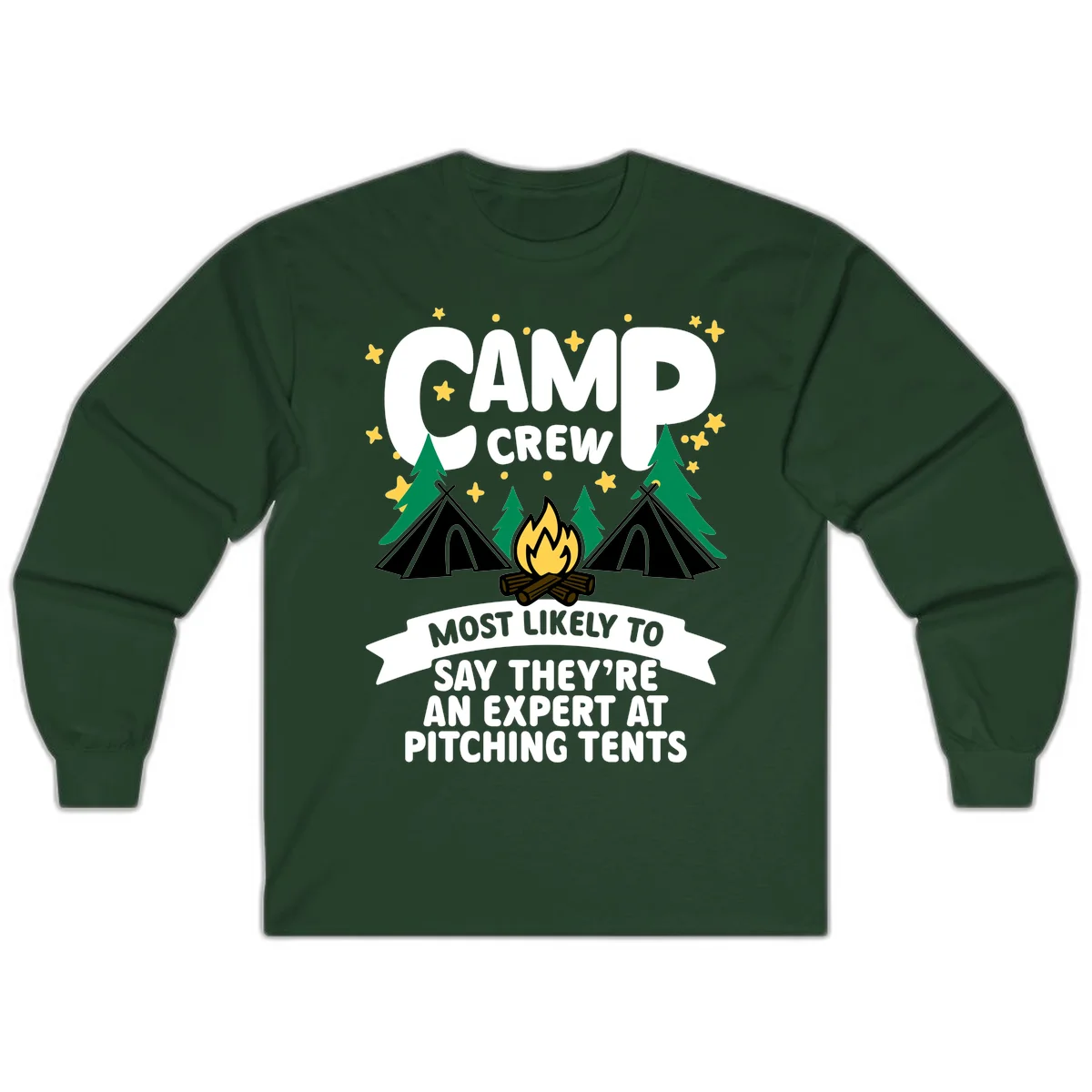 Illustration of camp crew tent pitching design with campfire, tents, trees, and stars on gray background in Forest Green