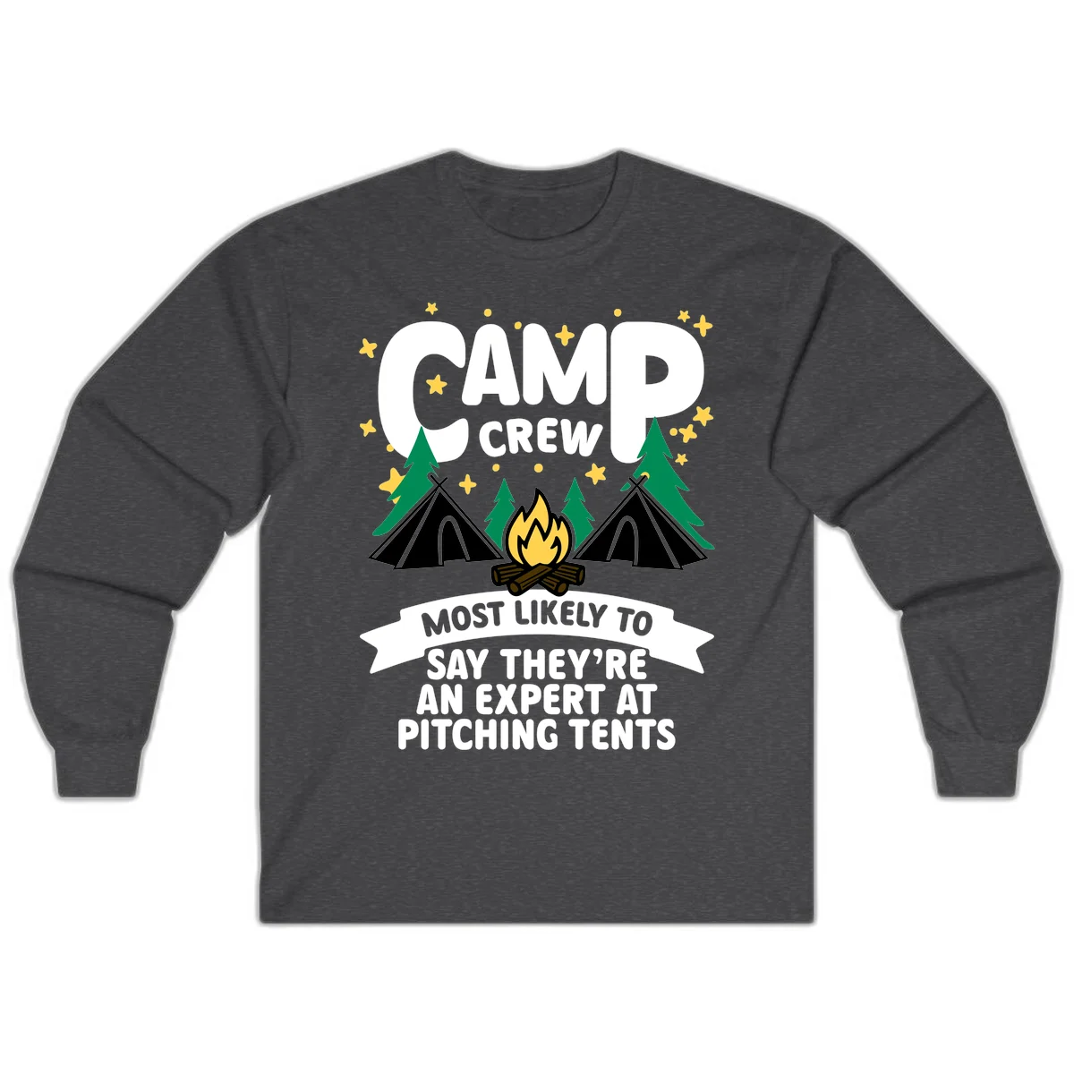 Illustration of camp crew tent pitching design with campfire, tents, trees, and stars on gray background in Dark Heather