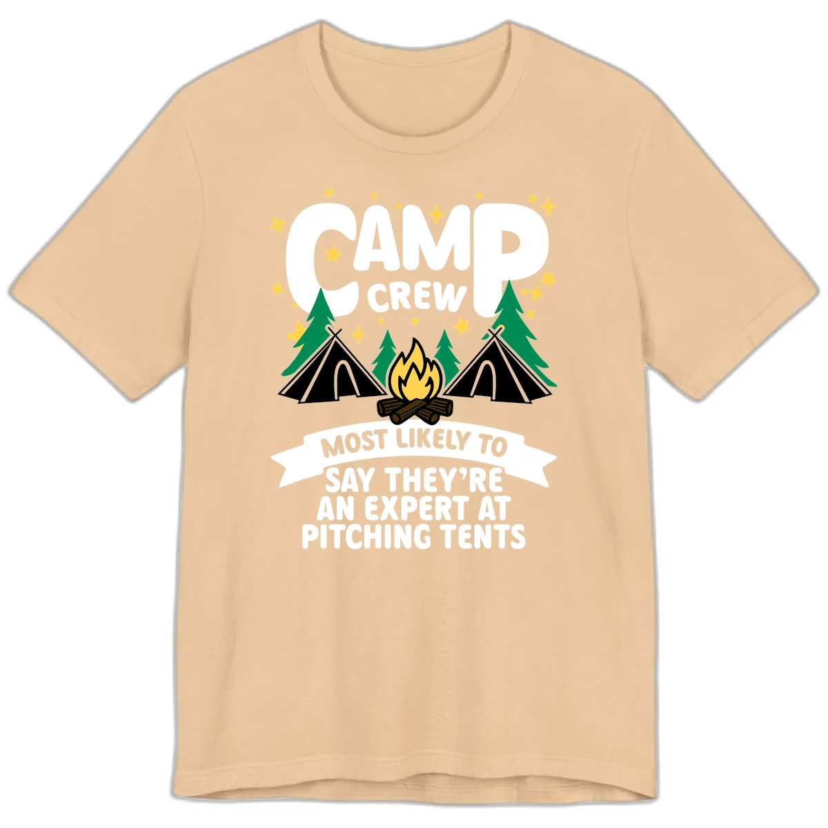 Illustration of camp crew tent pitching design with campfire, tents, trees, and stars on gray background in Sand Dune