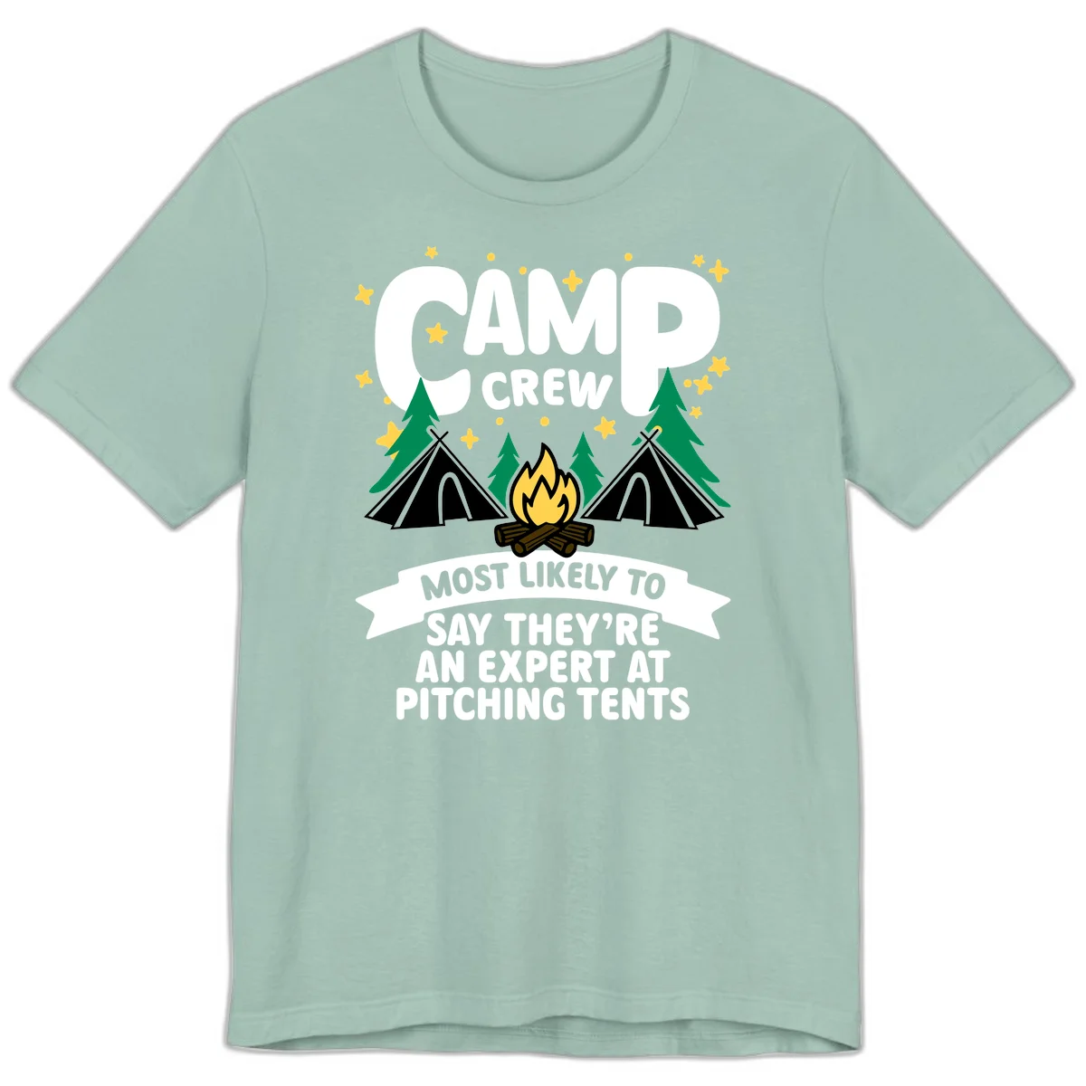 Illustration of camp crew tent pitching design with campfire, tents, trees, and stars on gray background in Dusty Blue