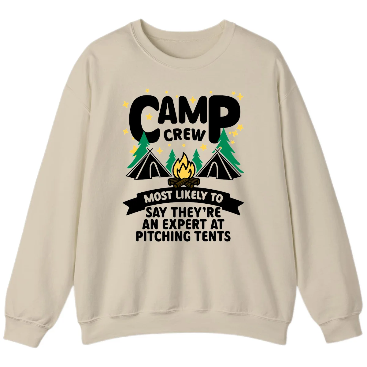 Illustration of camp crew tent pitching design with campfire, tents, trees, and stars on gray background in Sand