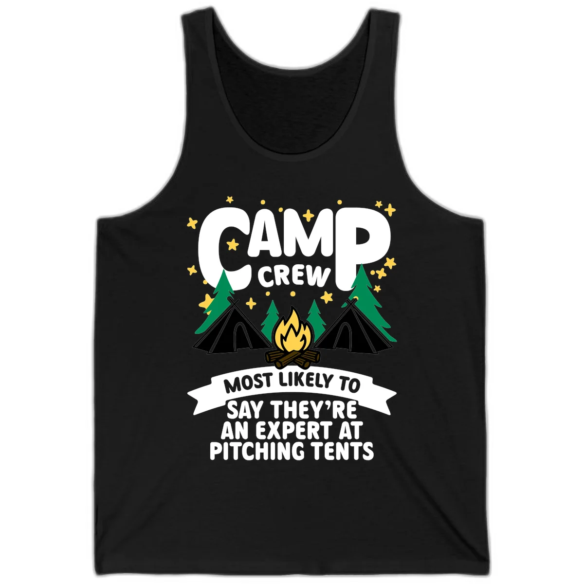 Illustration of camp crew tent pitching design with campfire, tents, trees, and stars on gray background in Black