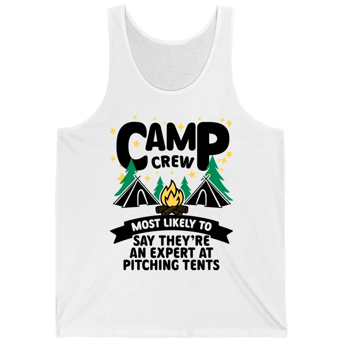 Illustration of camp crew tent pitching design with campfire, tents, trees, and stars on gray background in White
