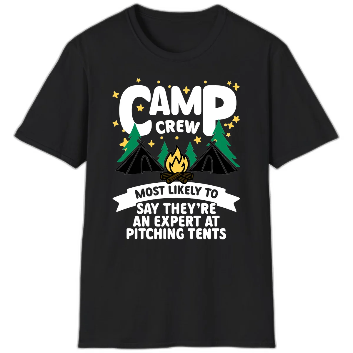 Illustration of camp crew tent pitching design with campfire, tents, trees, and stars on gray background in Black
