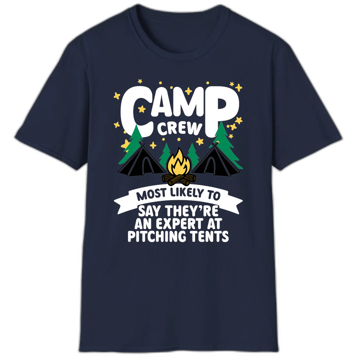 Illustration of camp crew tent pitching design with campfire, tents, trees, and stars on gray background in Navy