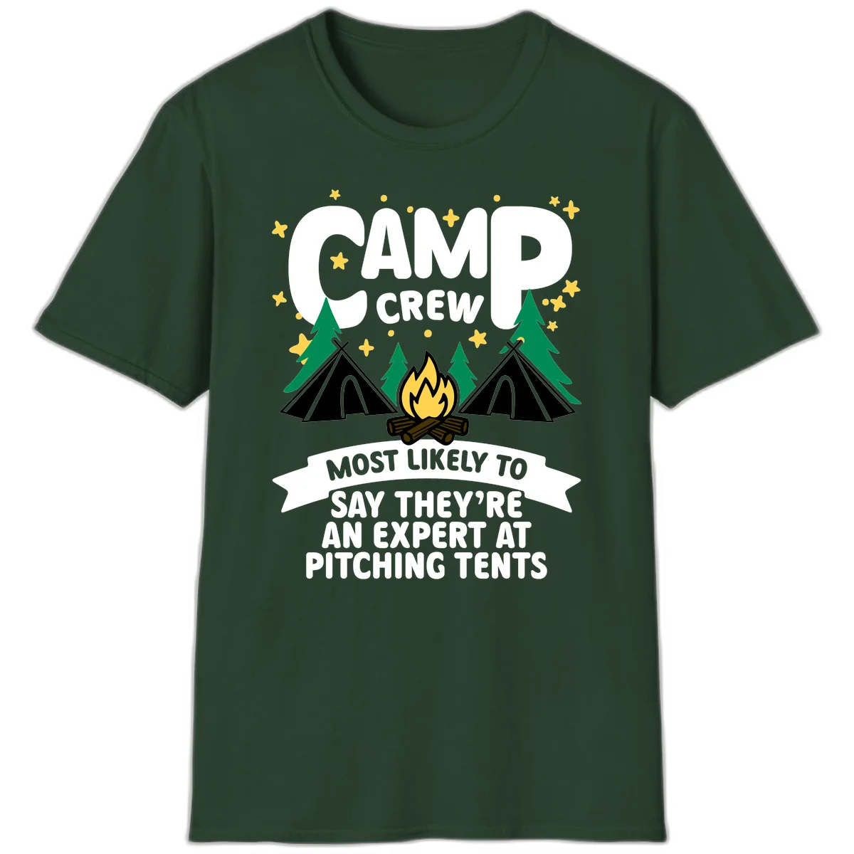Illustration of camp crew tent pitching design with campfire, tents, trees, and stars on gray background in Forest Green