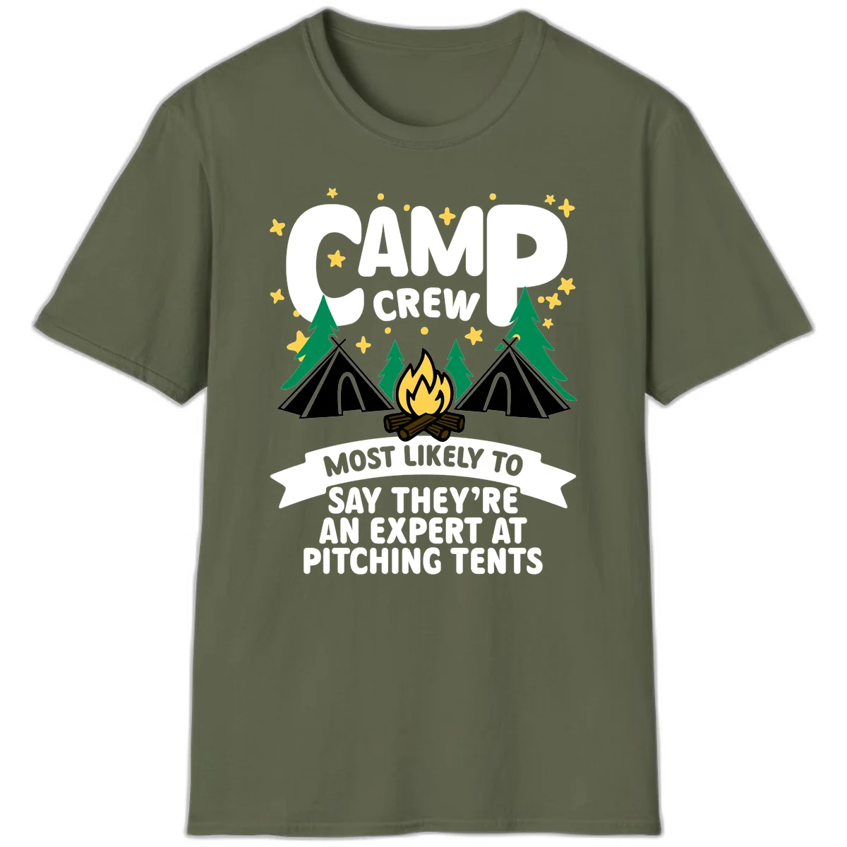 Illustration of camp crew tent pitching design with campfire, tents, trees, and stars on gray background in Military Green