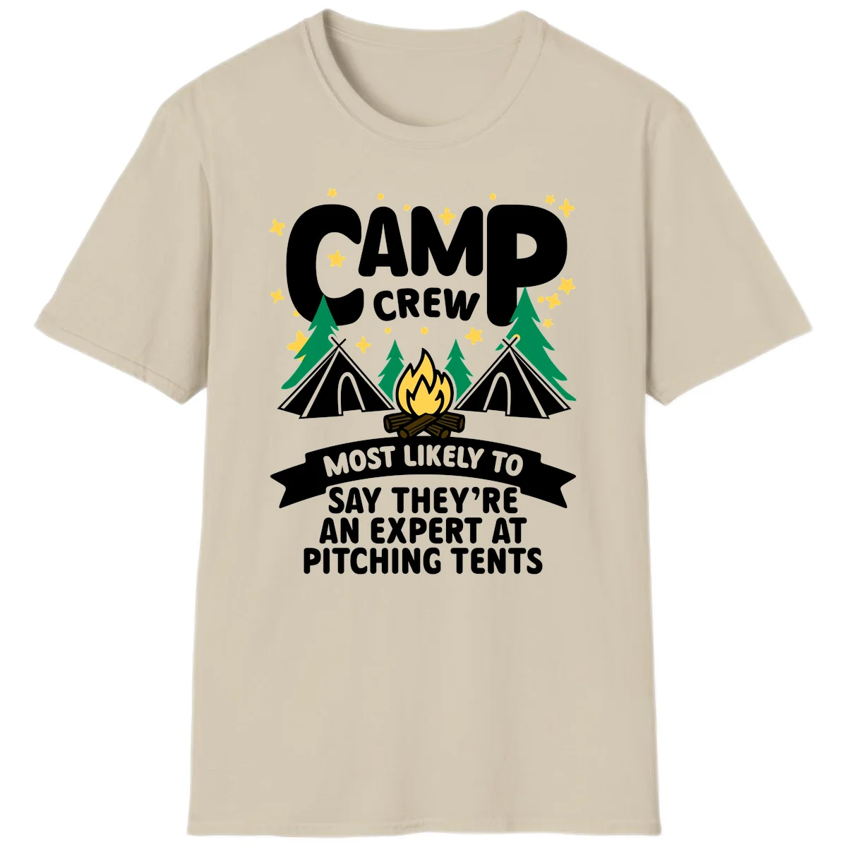 Illustration of camp crew tent pitching design with campfire, tents, trees, and stars on gray background in Sand