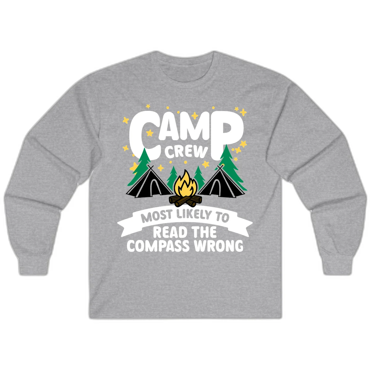 Camp crew compass wrong design with teepees, campfire, trees and stars around funny camp superlative text in Sport Grey