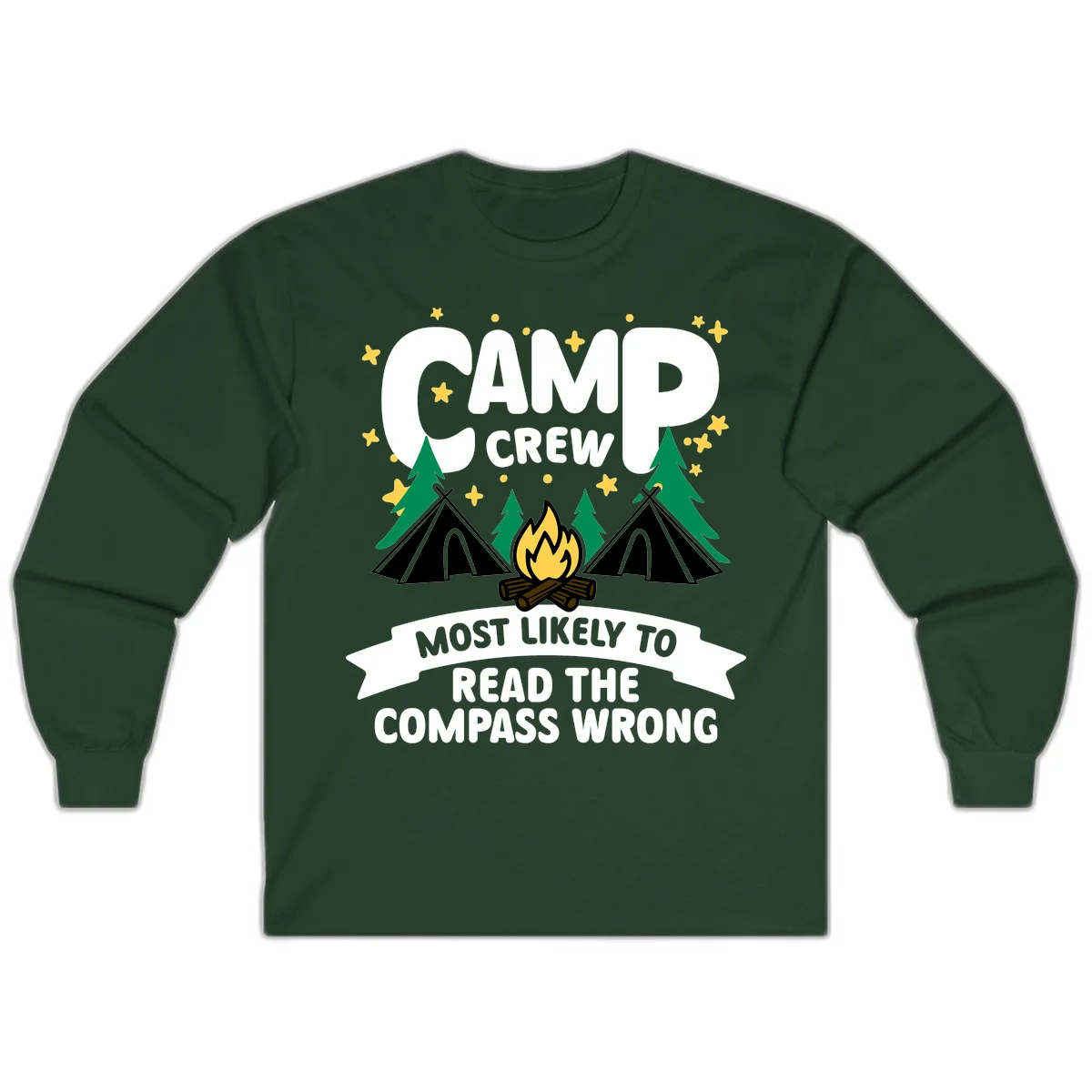 Camp crew compass wrong design with teepees, campfire, trees and stars around funny camp superlative text in Forest Green