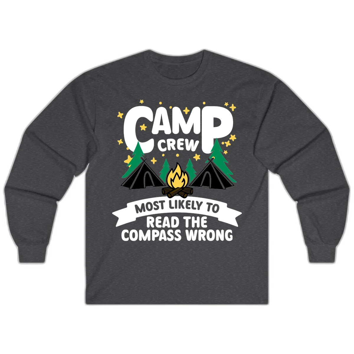 Camp crew compass wrong design with teepees, campfire, trees and stars around funny camp superlative text in Dark Heather
