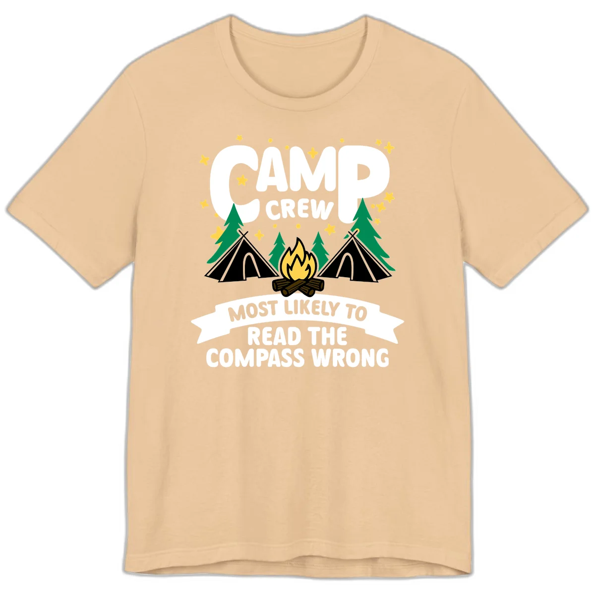 Camp crew compass wrong design with teepees, campfire, trees and stars around funny camp superlative text in Sand Dune
