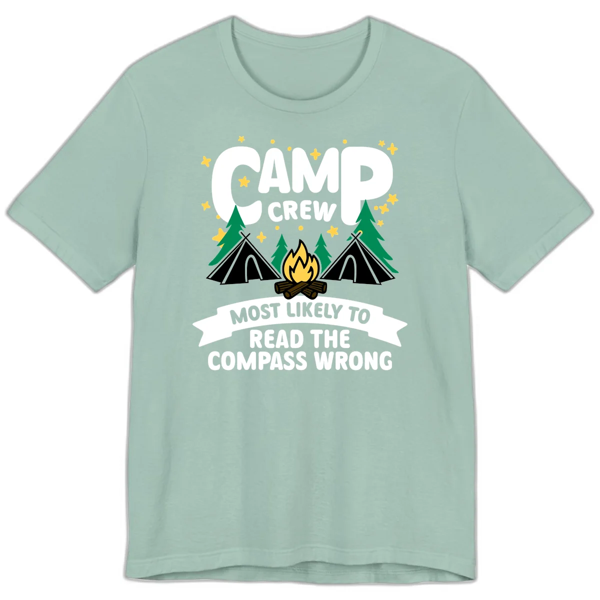 Camp crew compass wrong design with teepees, campfire, trees and stars around funny camp superlative text in Dusty Blue