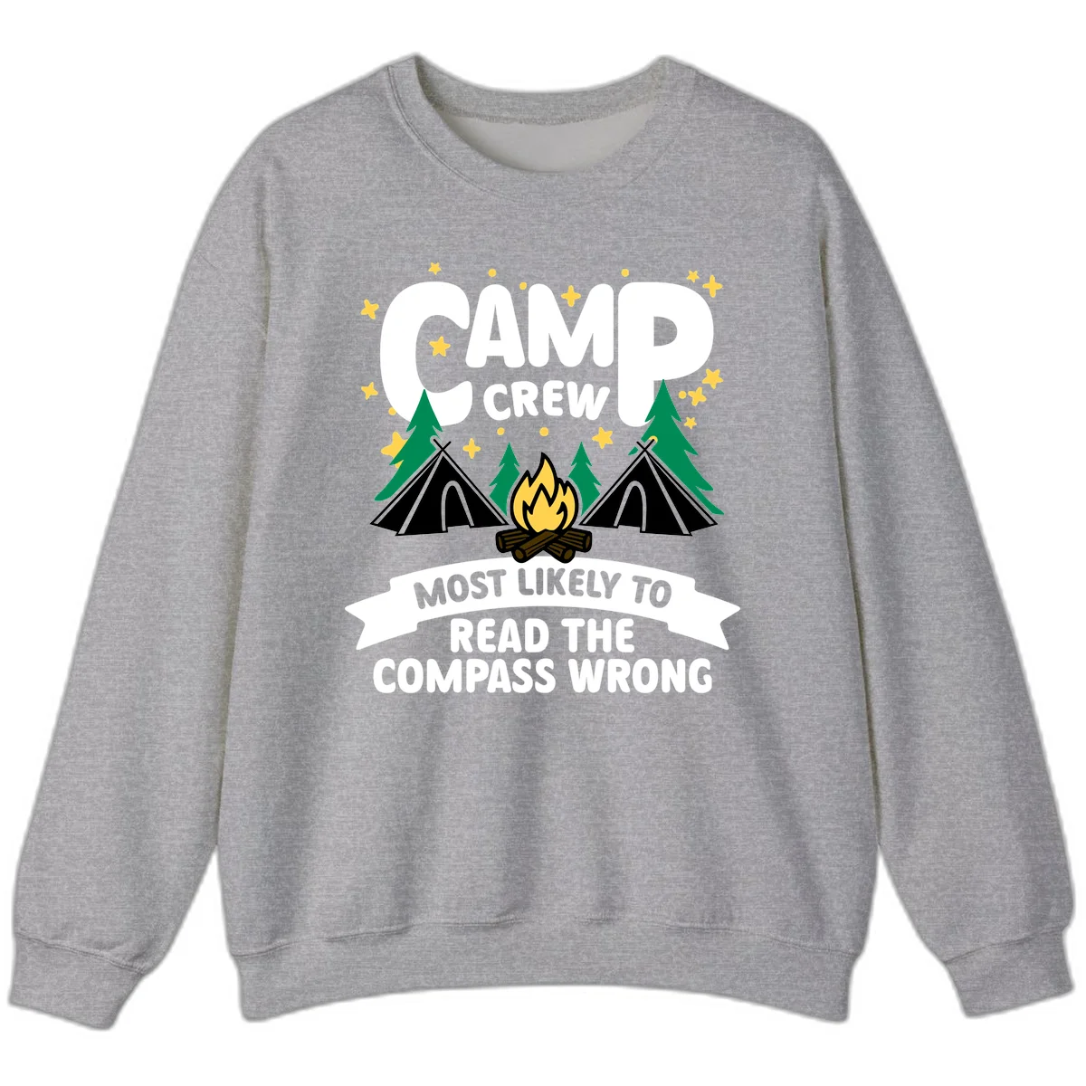 Camp crew compass wrong design with teepees, campfire, trees and stars around funny camp superlative text in Sport Grey