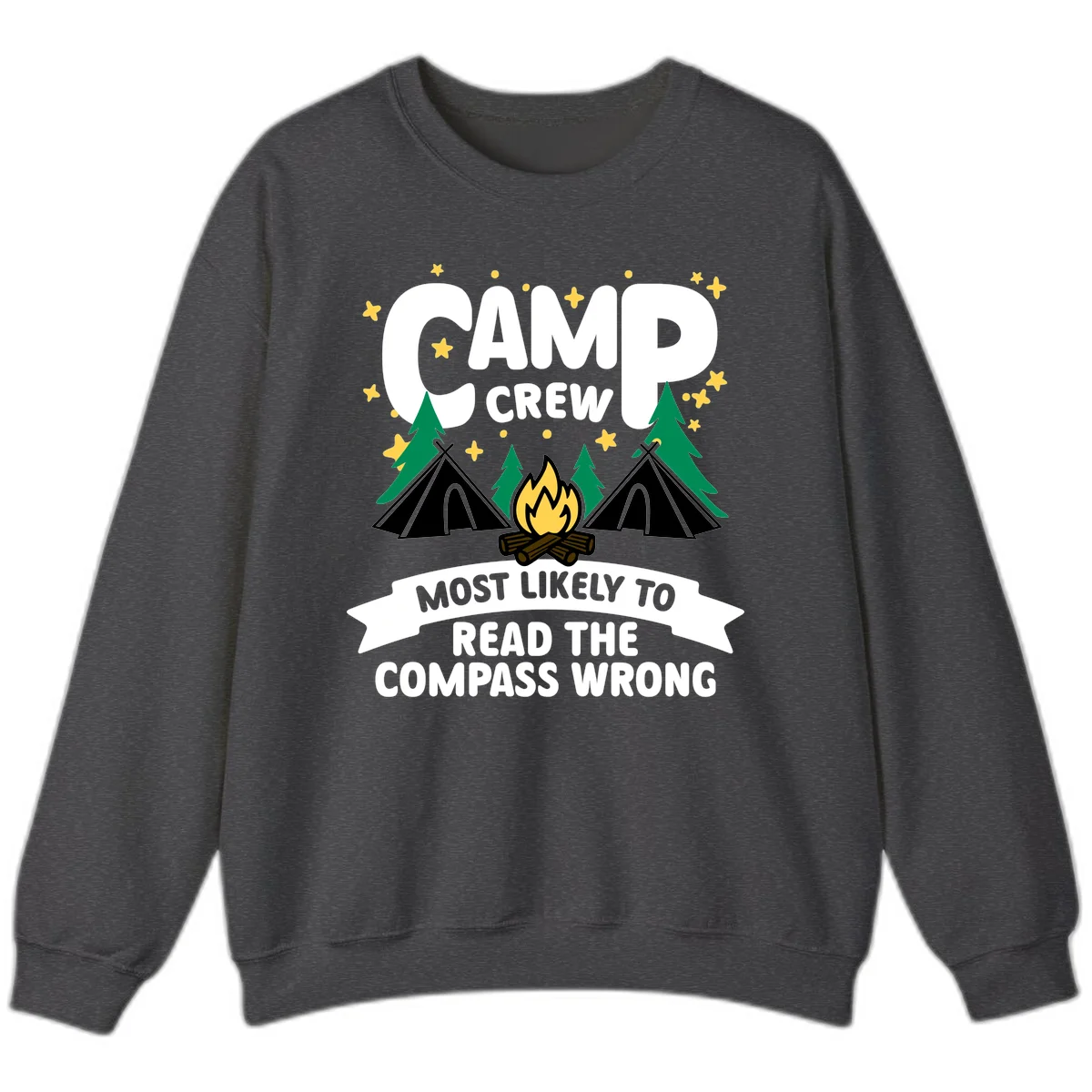 Camp crew compass wrong design with teepees, campfire, trees and stars around funny camp superlative text in Dark Heather