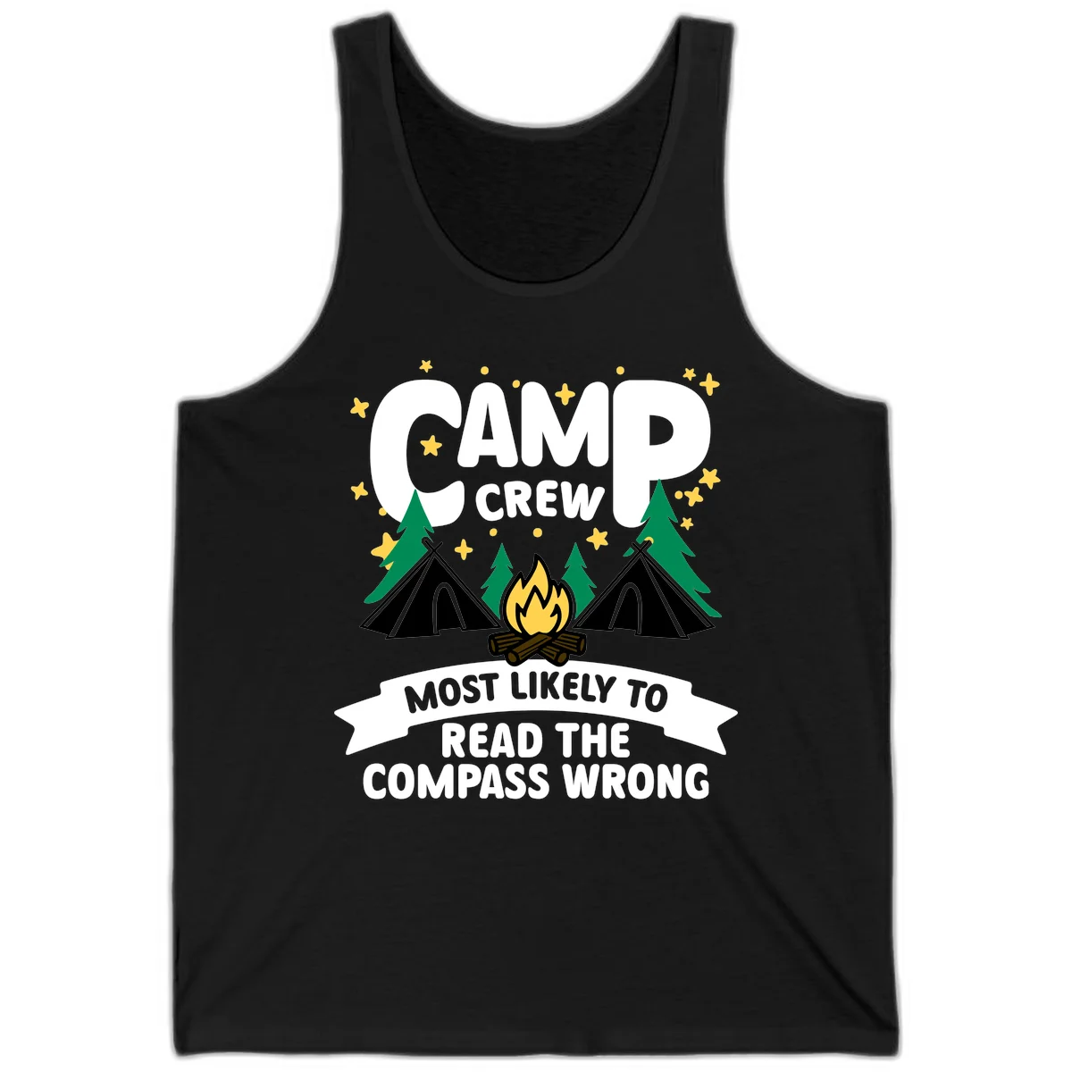 Camp crew compass wrong design with teepees, campfire, trees and stars around funny camp superlative text in Black