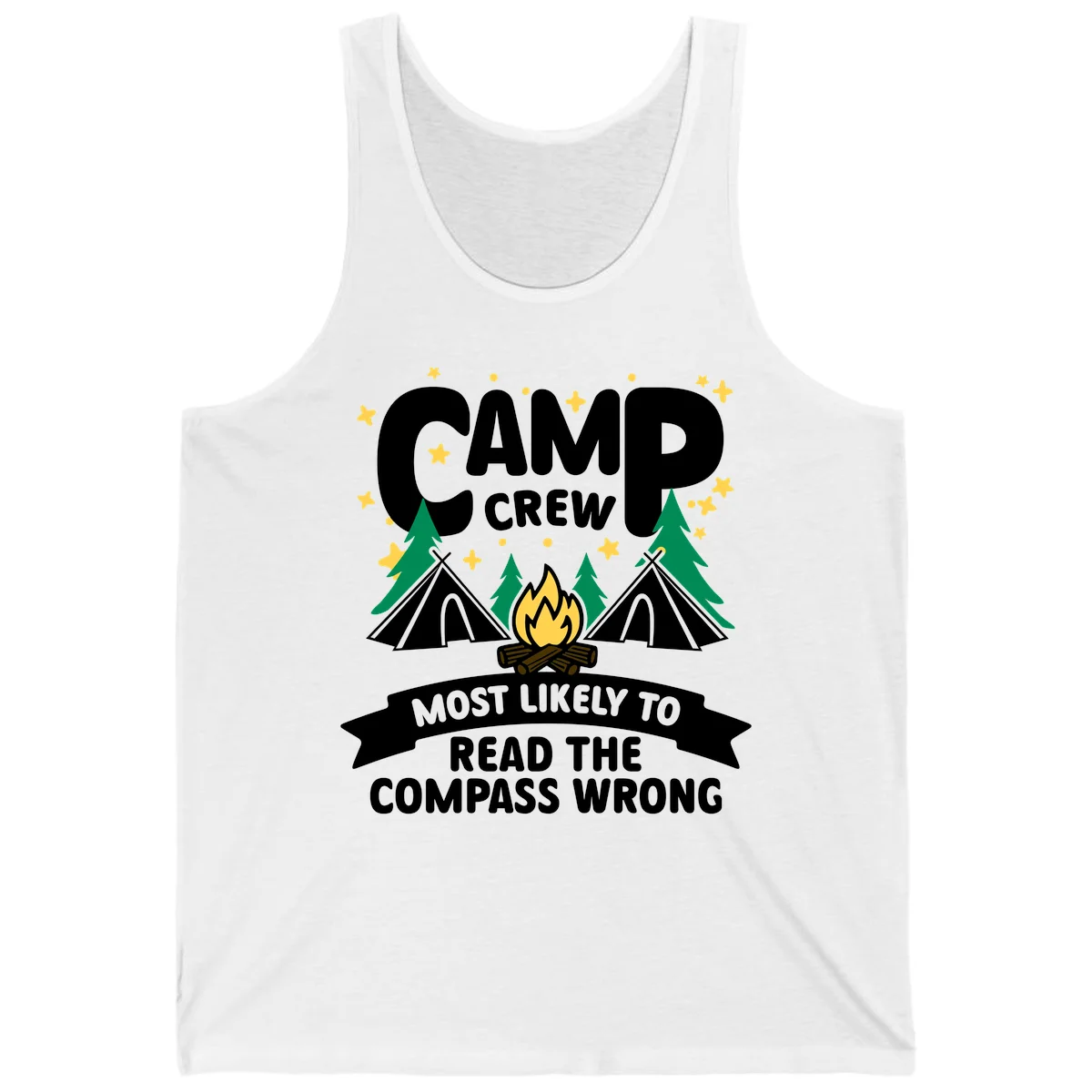 Camp crew compass wrong design with teepees, campfire, trees and stars around funny camp superlative text in White