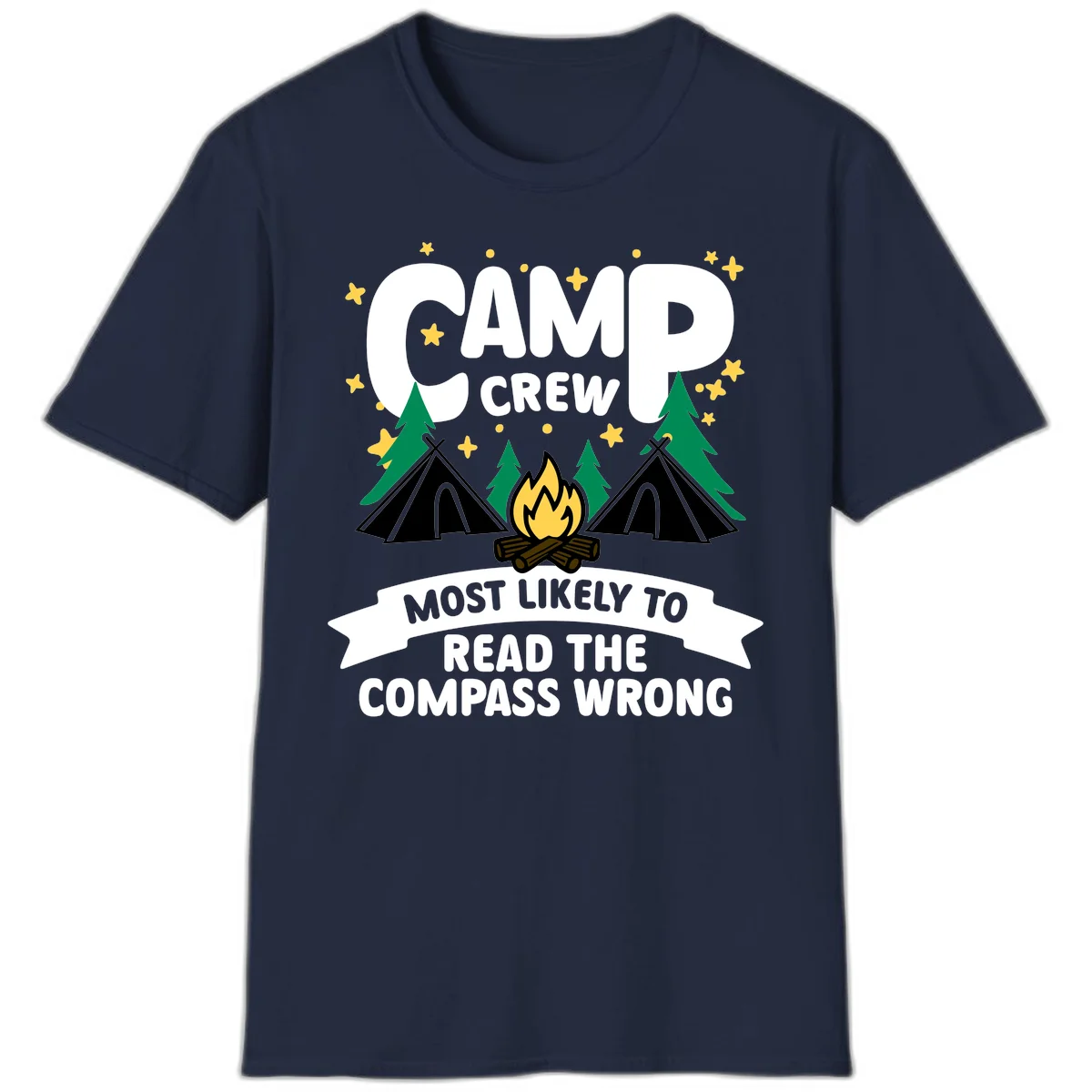 Camp crew compass wrong design with teepees, campfire, trees and stars around funny camp superlative text in Navy