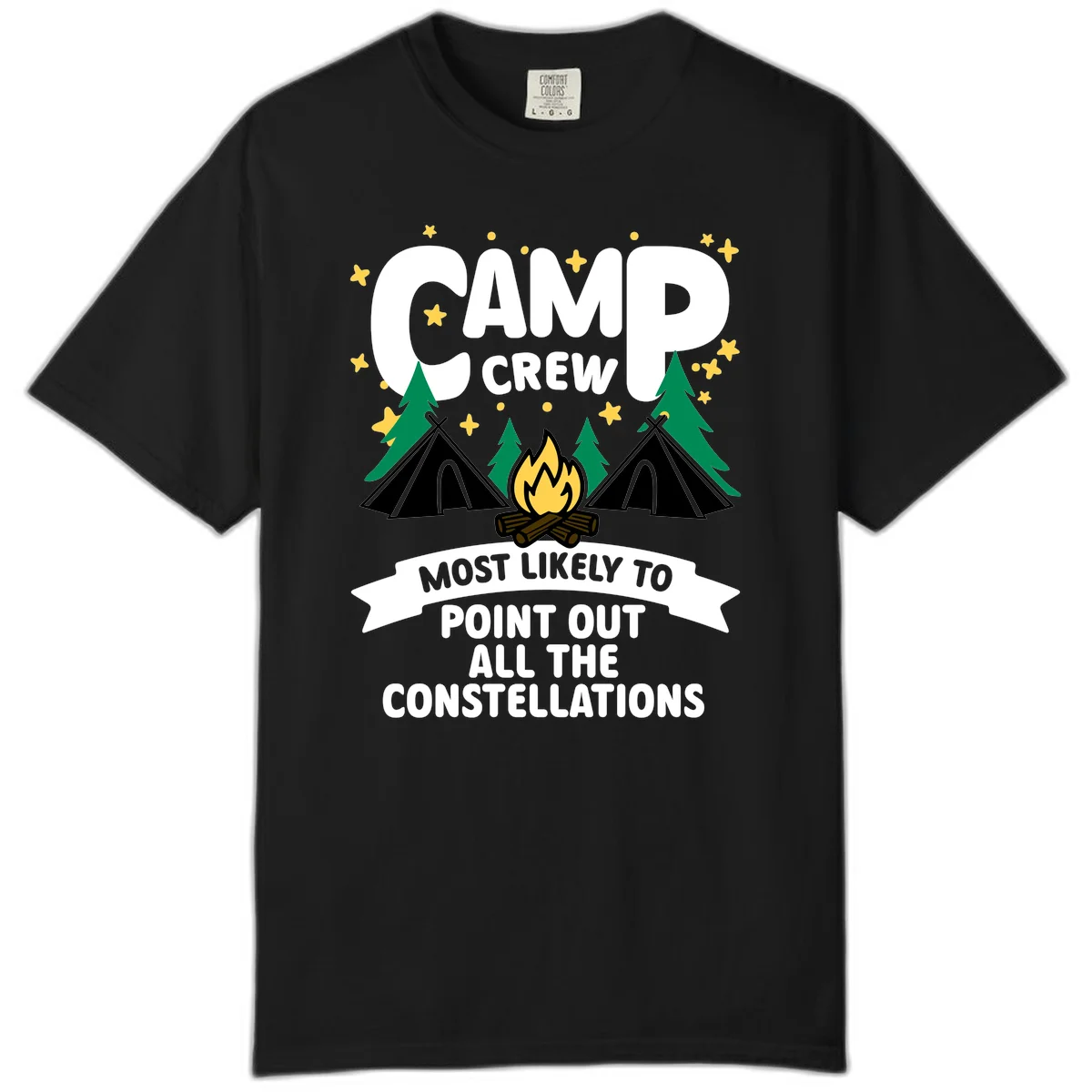 Camp crew constellation design showing campfire, tents, trees and stars with text about pointing out constellations in Black