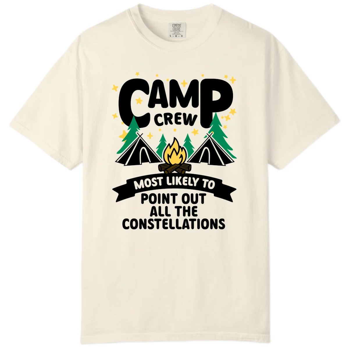 Camp crew constellation design showing campfire, tents, trees and stars with text about pointing out constellations in Ivory