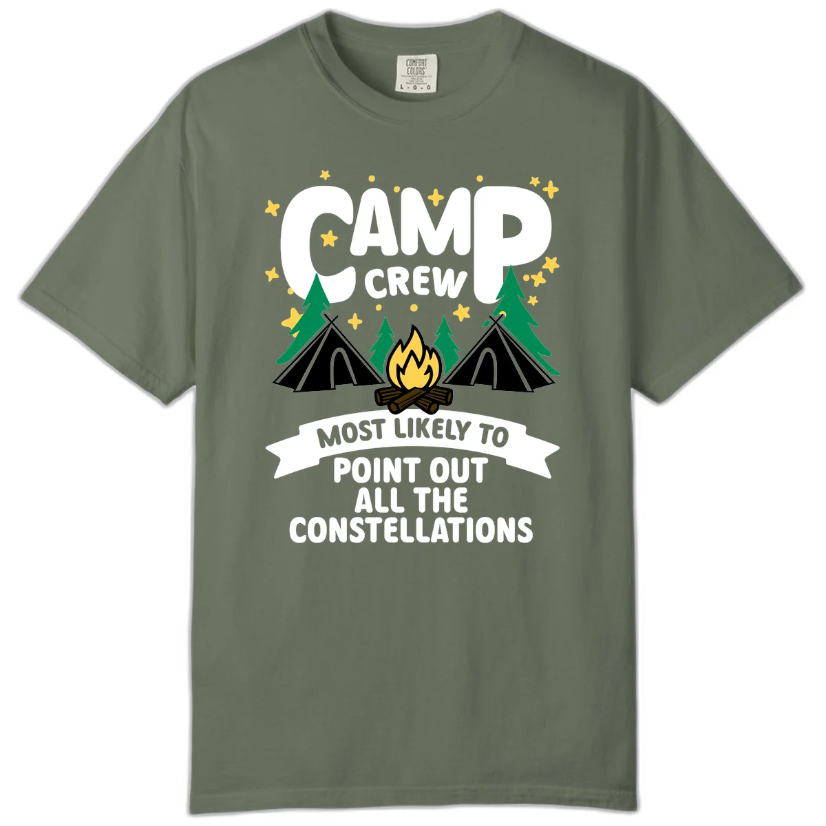 Camp crew constellation design showing campfire, tents, trees and stars with text about pointing out constellations in Moss