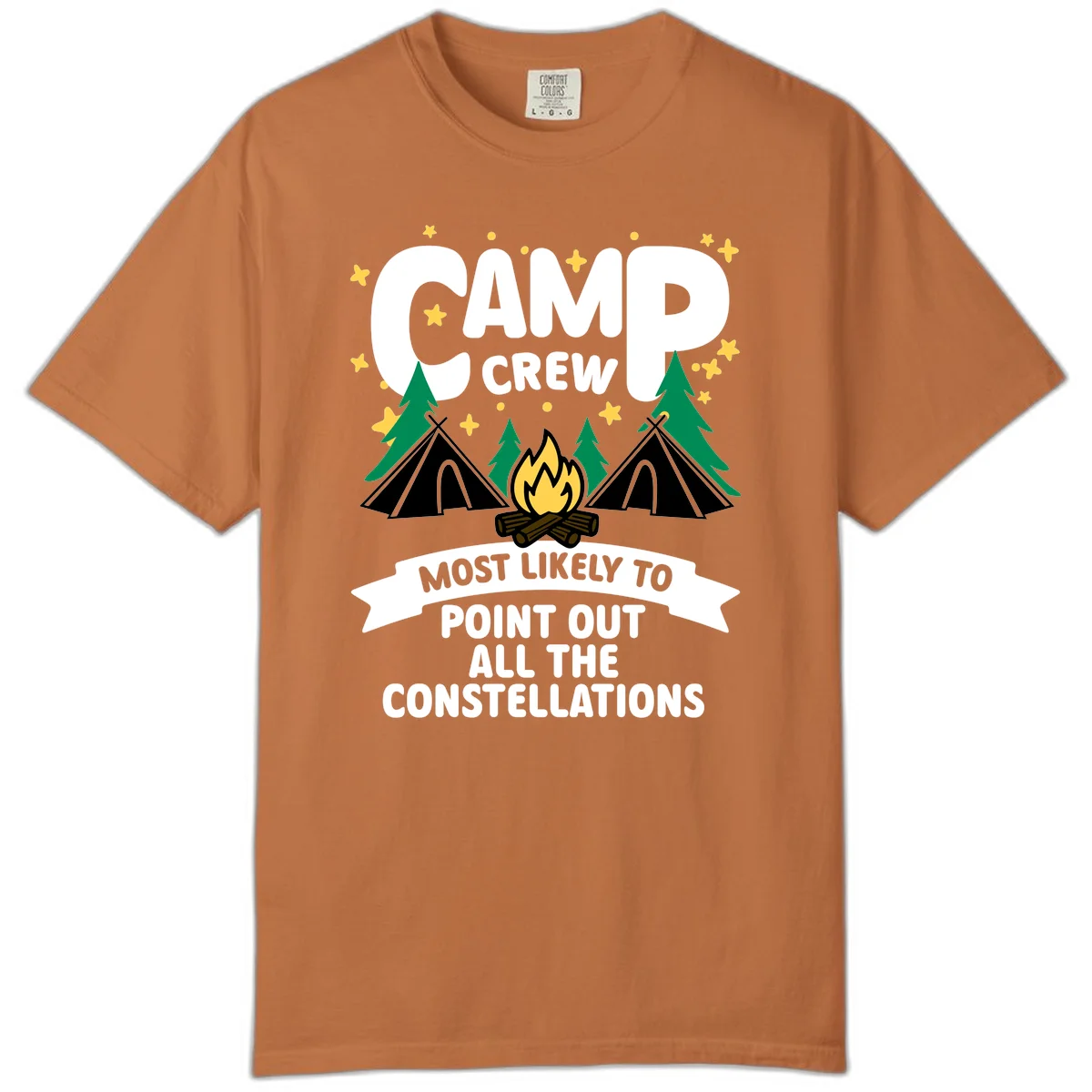 Camp crew constellation design showing campfire, tents, trees and stars with text about pointing out constellations in Yam