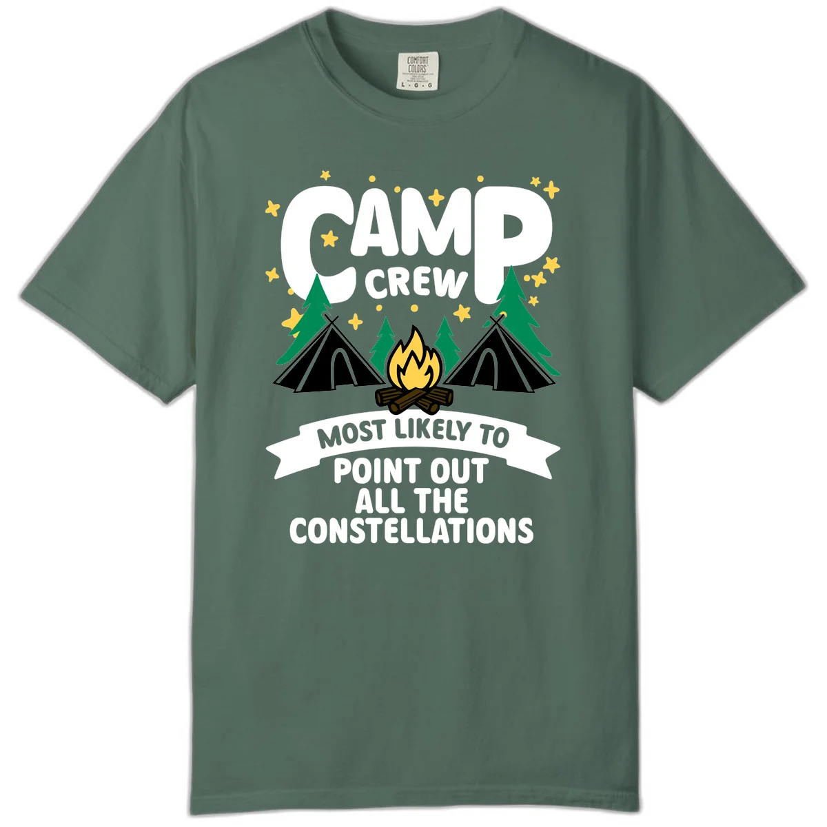 Camp crew constellation design showing campfire, tents, trees and stars with text about pointing out constellations in Blue Spruce