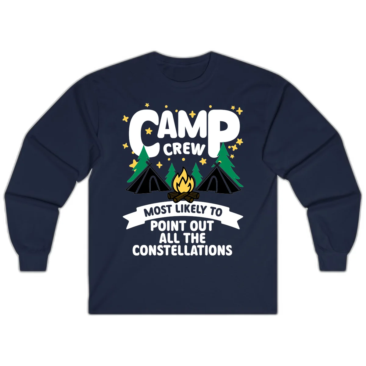 Camp crew constellation design showing campfire, tents, trees and stars with text about pointing out constellations in Navy