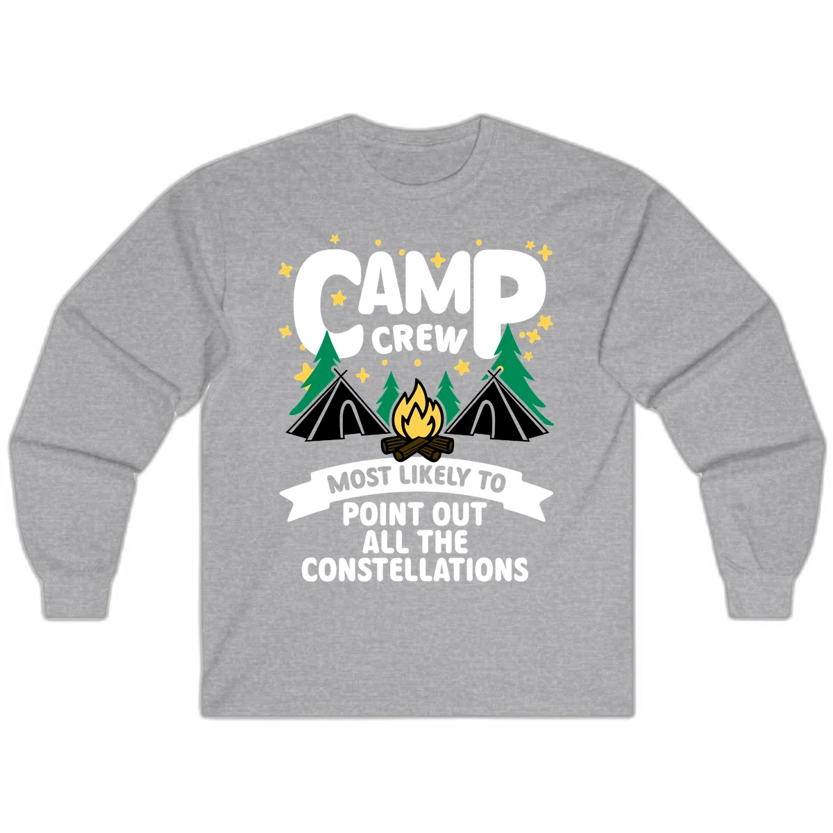 Camp crew constellation design showing campfire, tents, trees and stars with text about pointing out constellations in Sport Grey