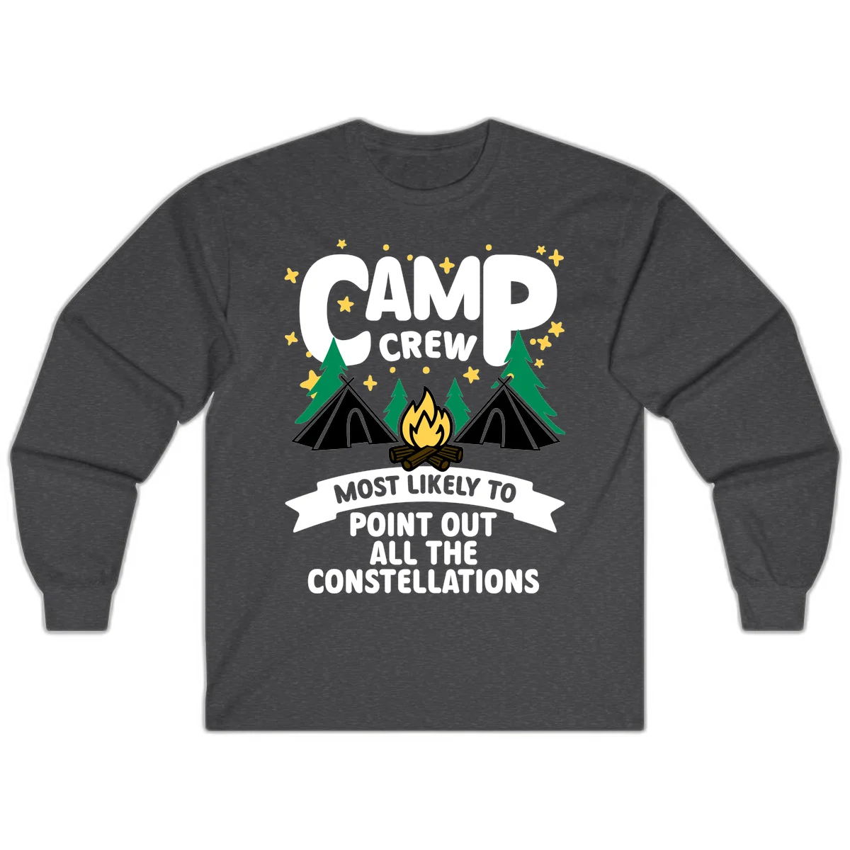 Camp crew constellation design showing campfire, tents, trees and stars with text about pointing out constellations in Dark Heather