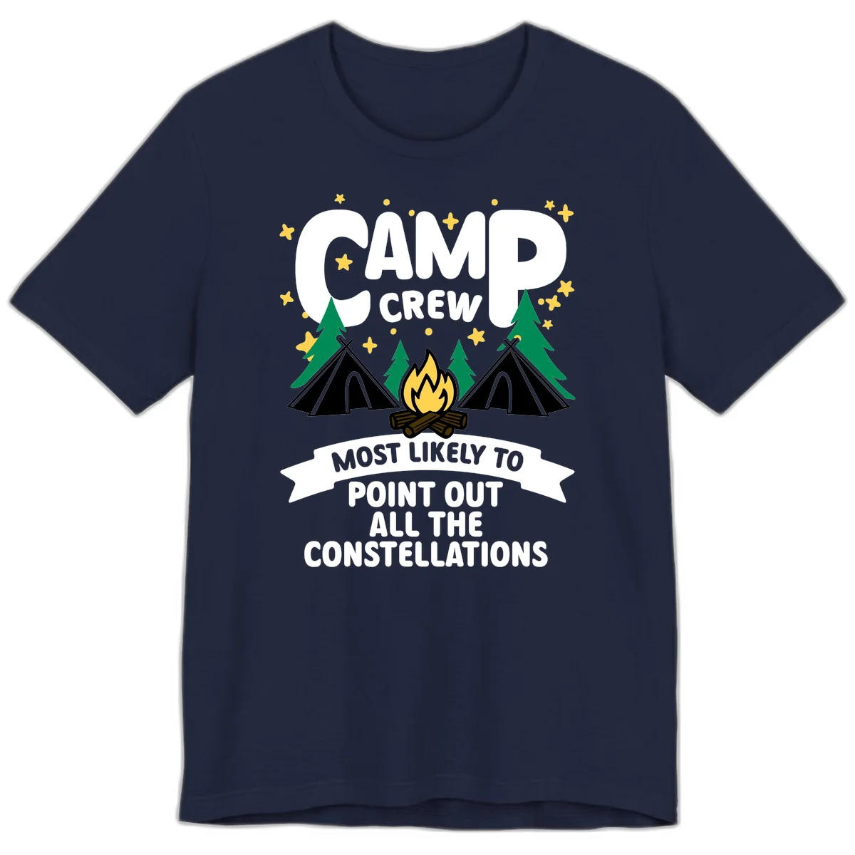 Camp crew constellation design showing campfire, tents, trees and stars with text about pointing out constellations in Navy