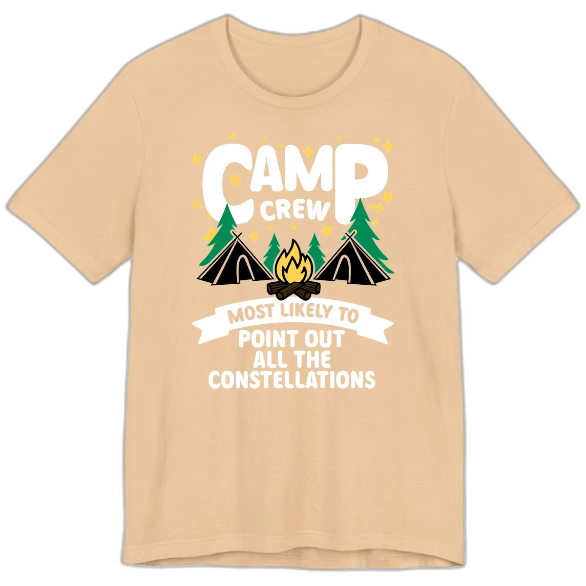 Camp crew constellation design showing campfire, tents, trees and stars with text about pointing out constellations in Sand Dune