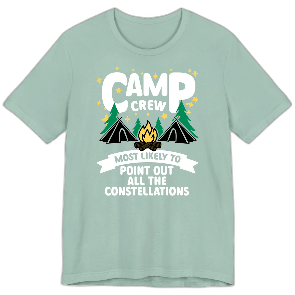 Camp crew constellation design showing campfire, tents, trees and stars with text about pointing out constellations in Dusty Blue